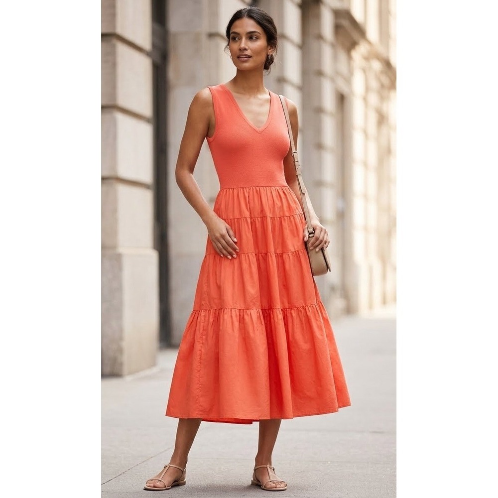 Jason Wu Women Small Orange Tiered Midi Dress Tie V Neck Resortwear Vacation